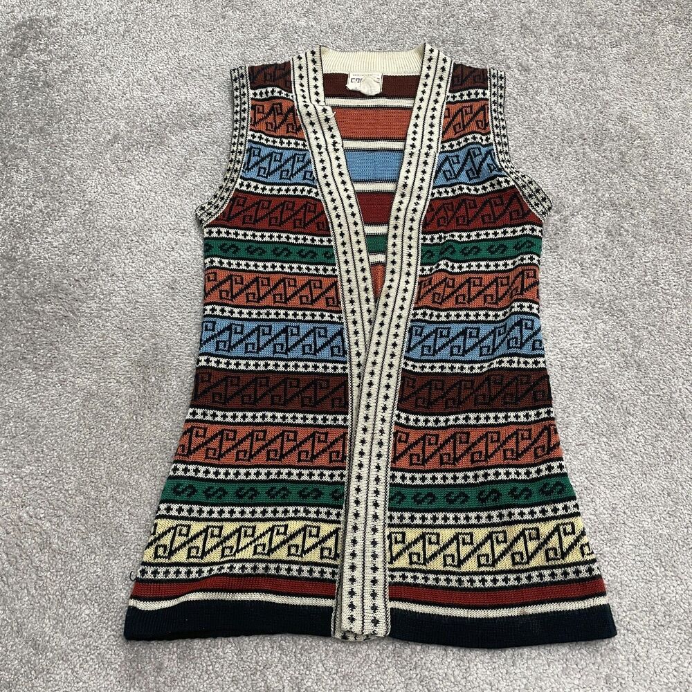 Coll Age Vintage Aztec Open Vest Sweater Womens Medium Multi Sleeveless Acrylic